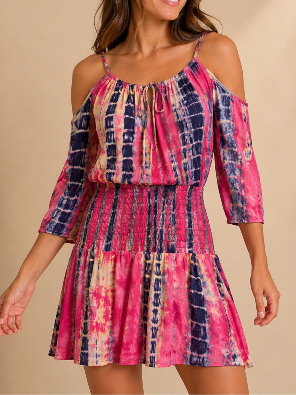 NWT Cold-Shoulder Tie-Detailed Pink Tie-Dye Mini Dress